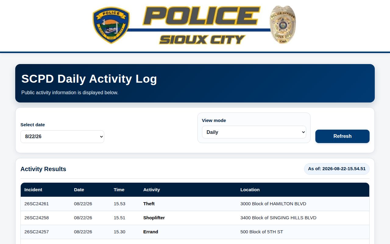 Sioux City Police daily CAD activity log interface